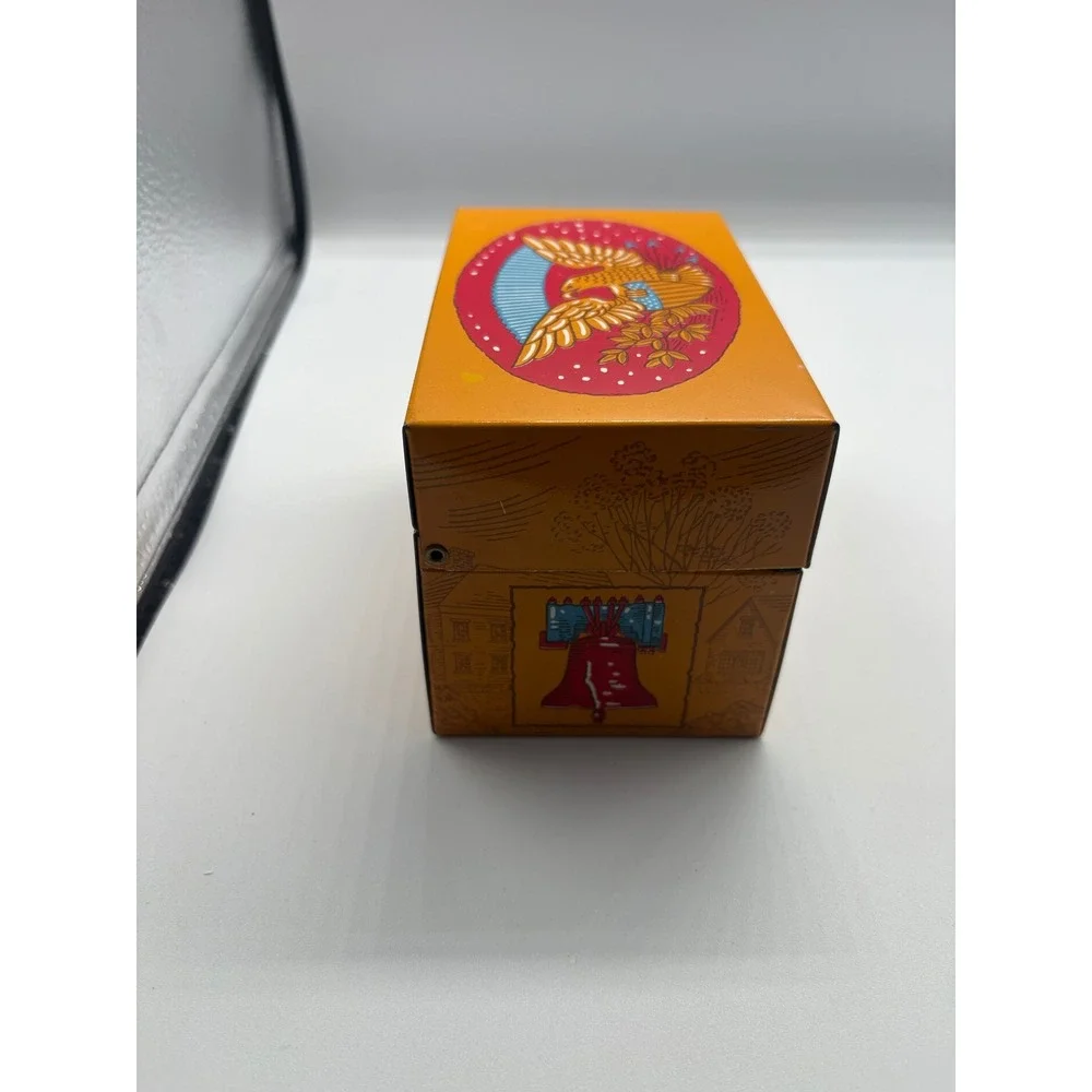 Vintage Syndicate Mfg Americana Metal Index Card Box Orange Eagle Liberty Bell